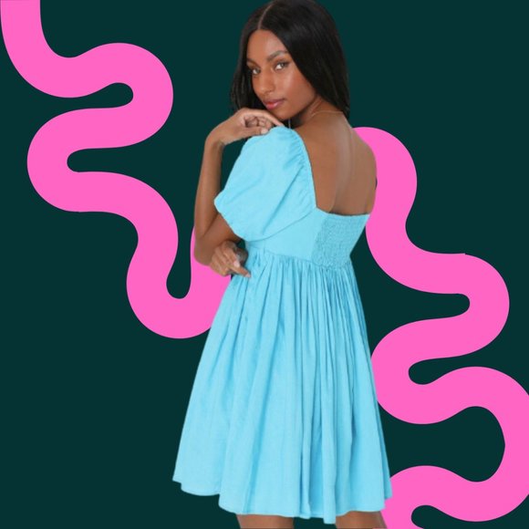 Turquoise Babydoll Dress with Puff Sleeves - Picture 5 of 5